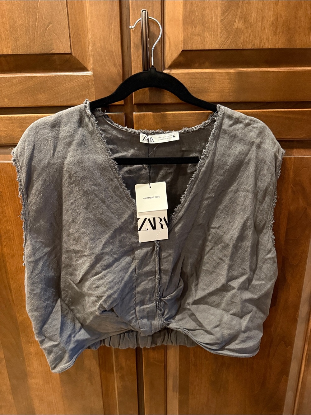 ZARA Gray Cropped V-Neck Frayed Linen Blend Top - NWT